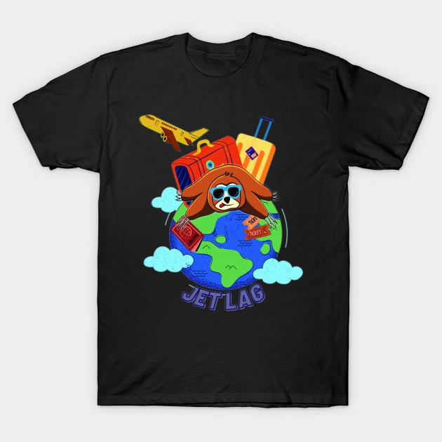 Funny sloth lying Jet lagged on the globe T-Shirt by GraphGeek